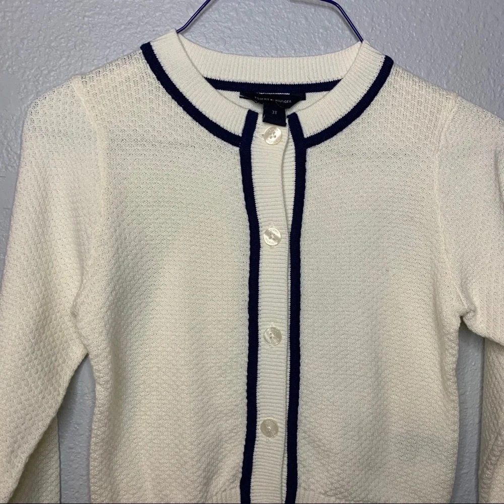 Tommy Hilfiger girls navy cream fine gauge knit cotton cardigan 3T preppy proper